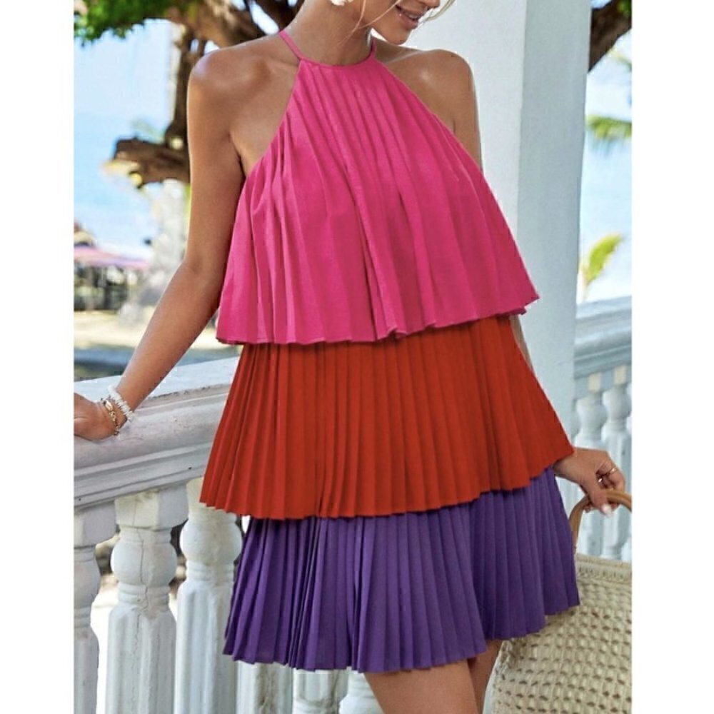 Multicolor Casual Womens Colorblock Layered Hem Pleated Halter Dress